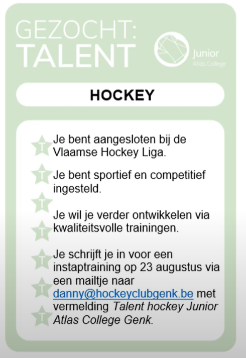 Nieuw: Talenturen Hockey ism HC Genk